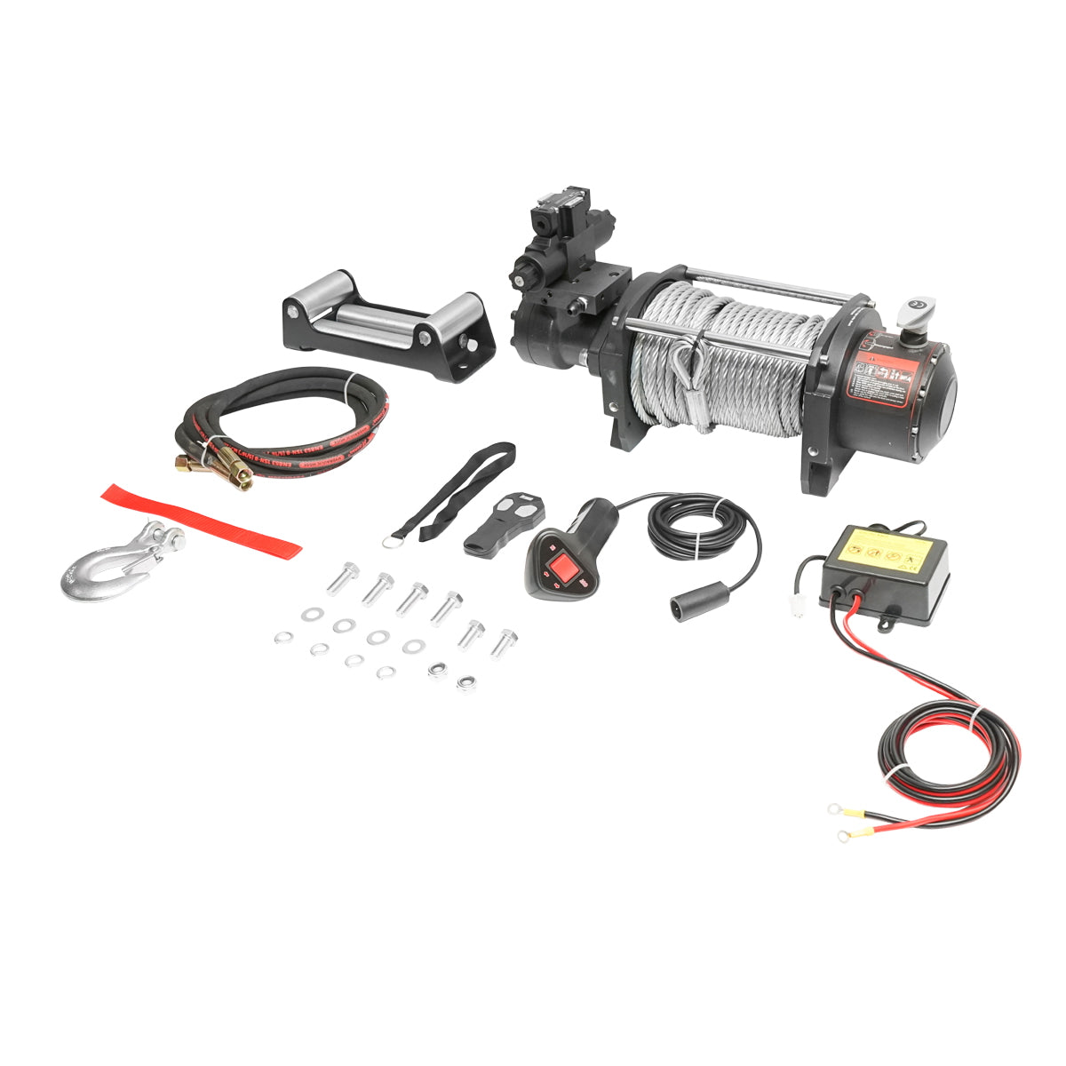 Complete hydraulic winch with remote control, steel cable, power supply voltage 12V, maximum load 6T (13300lbs)